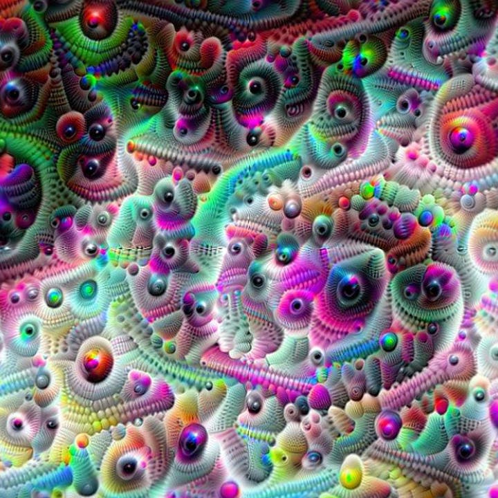 A DeepDream piece that creates complex structures from a multi-colour surface.